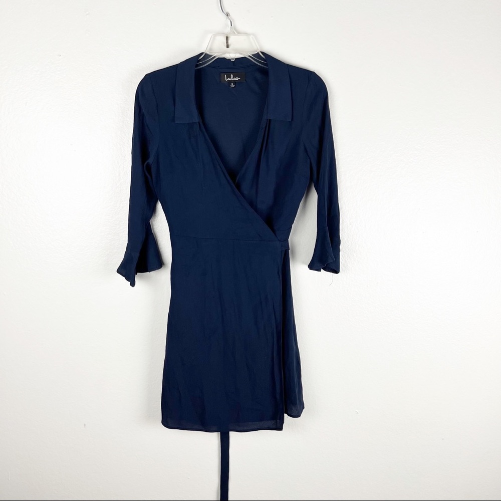 LULUS Navy Long Bell Sleeves True Wrap Lined Dress Size Small Casual Neutral